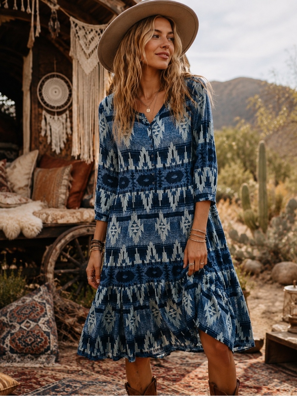 Ralph Lauren Jeans Dress XL Blue Aztec Southwestern Swing Midi 3/4 Sleeve